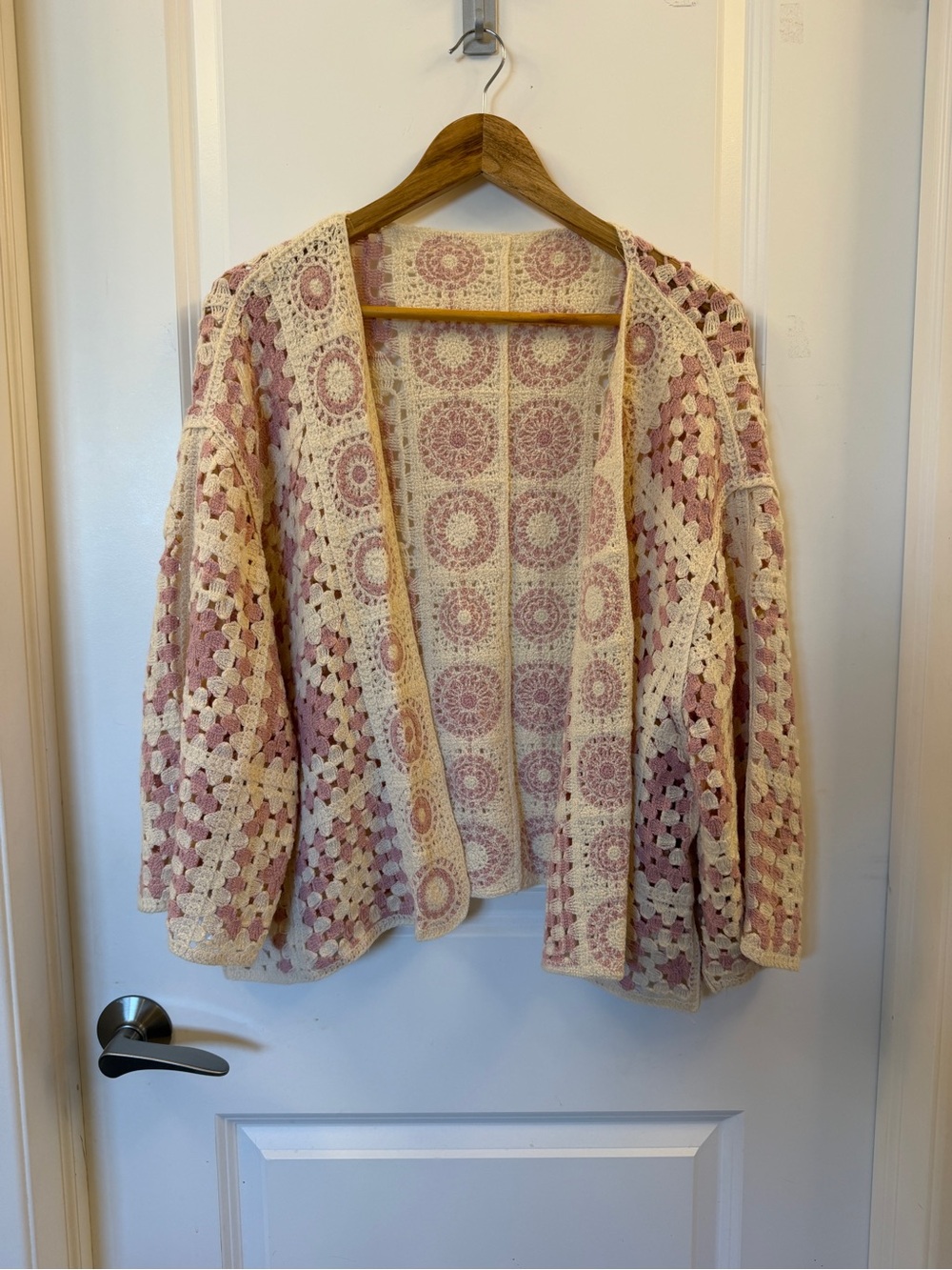 Crochet Open-Front Cardigan Sweater in Cream and Dusty Pink